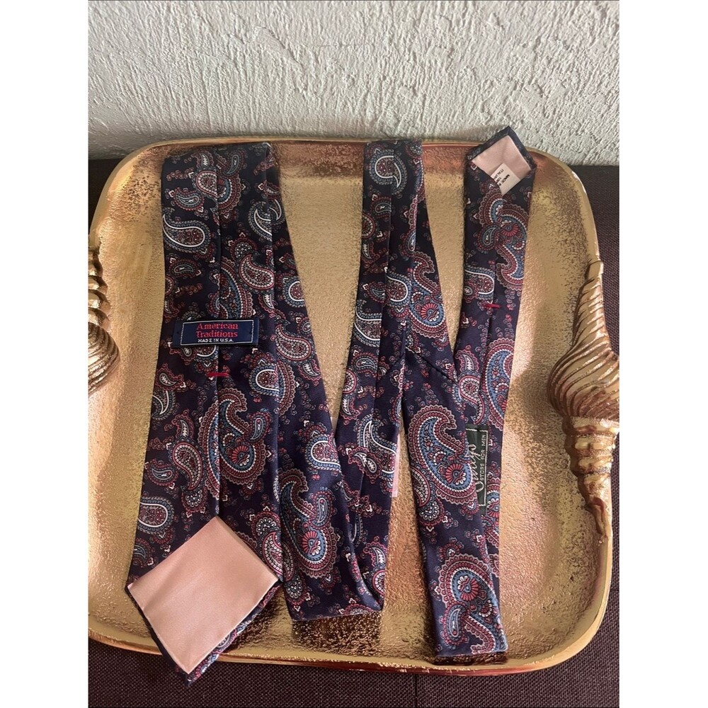 #2181* American Traditions Navy Paisley Silk Tie - Navy W/Red & Light Blue Motif